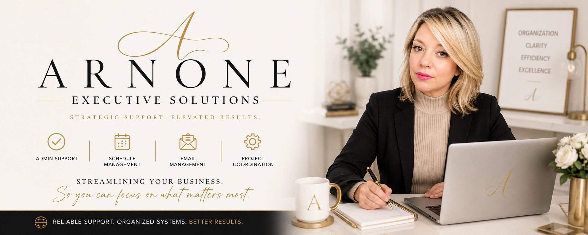 Professional woman working with Arnone Executive Solutions branding.