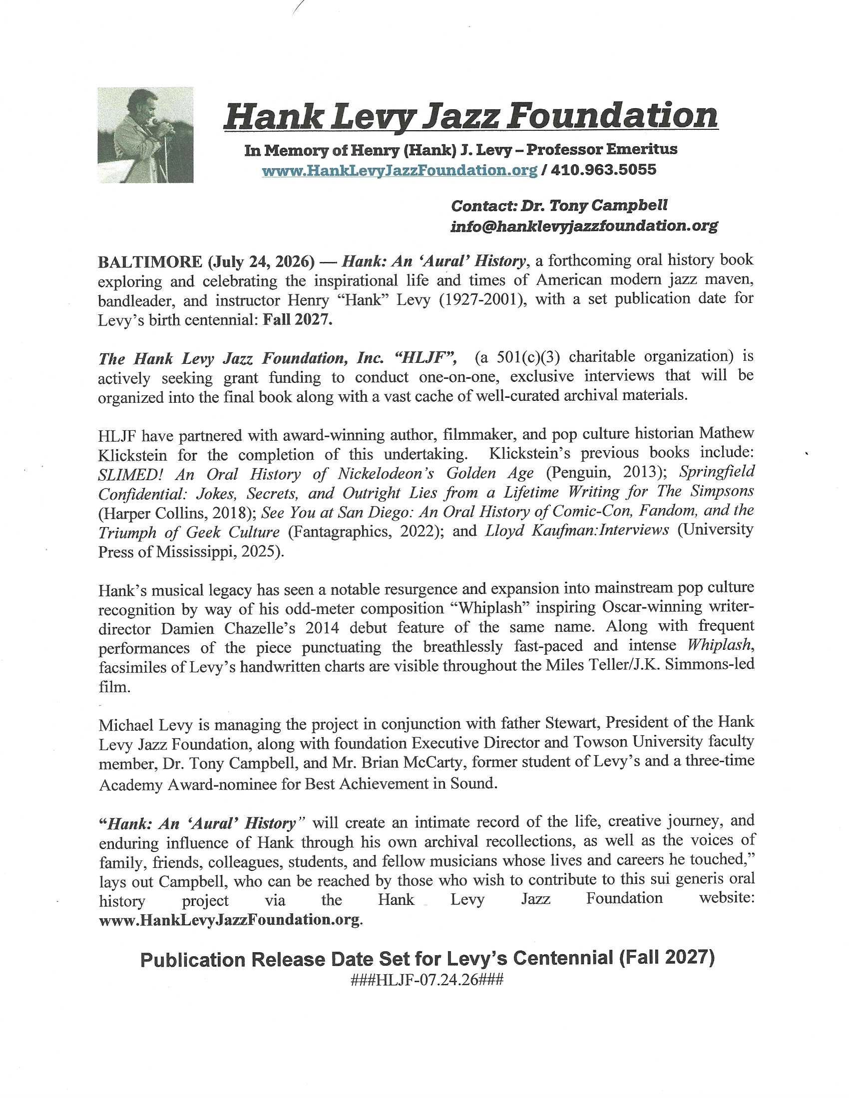 Announcement of Hank Levy Jazz Foundation's oral history book publication set for Fall 2027.