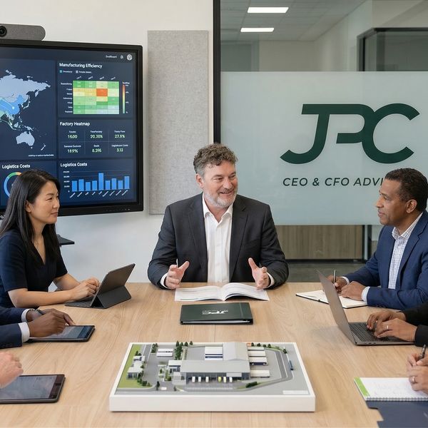 Business professionals discuss manufacturing data in a modern meeting room.