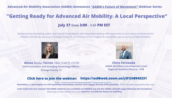 Webinar on advanced air mobility in Orange County, FL, moderated by Chuck Martin.
