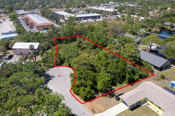 A wooded plot of land outlined in red in a suburban neighborhood with water in the distance.