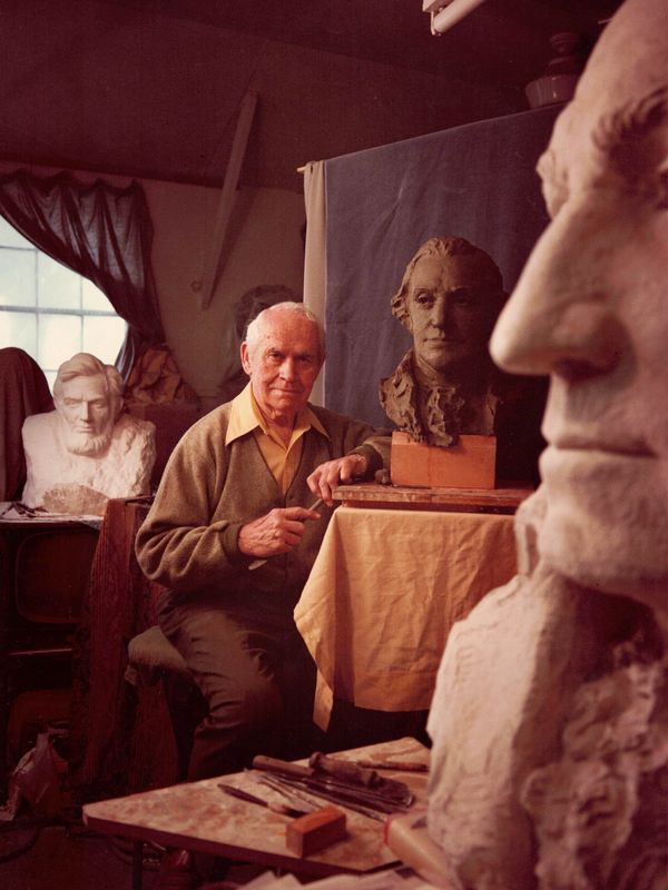 Avard T. Fairbanks with his George Washington and Abraham Lincoln statues.