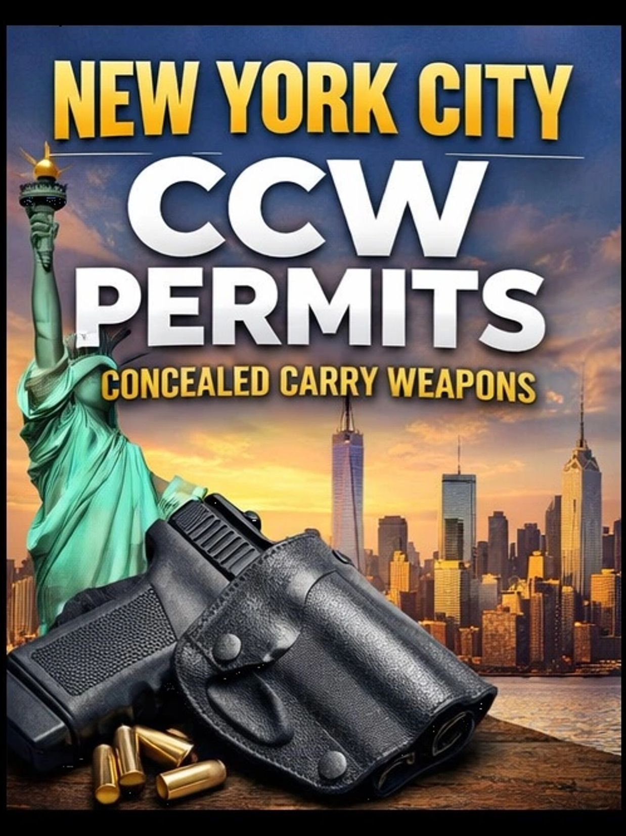 New York City CCW permits for concealed carry weapons with skyline and Statue of Liberty.