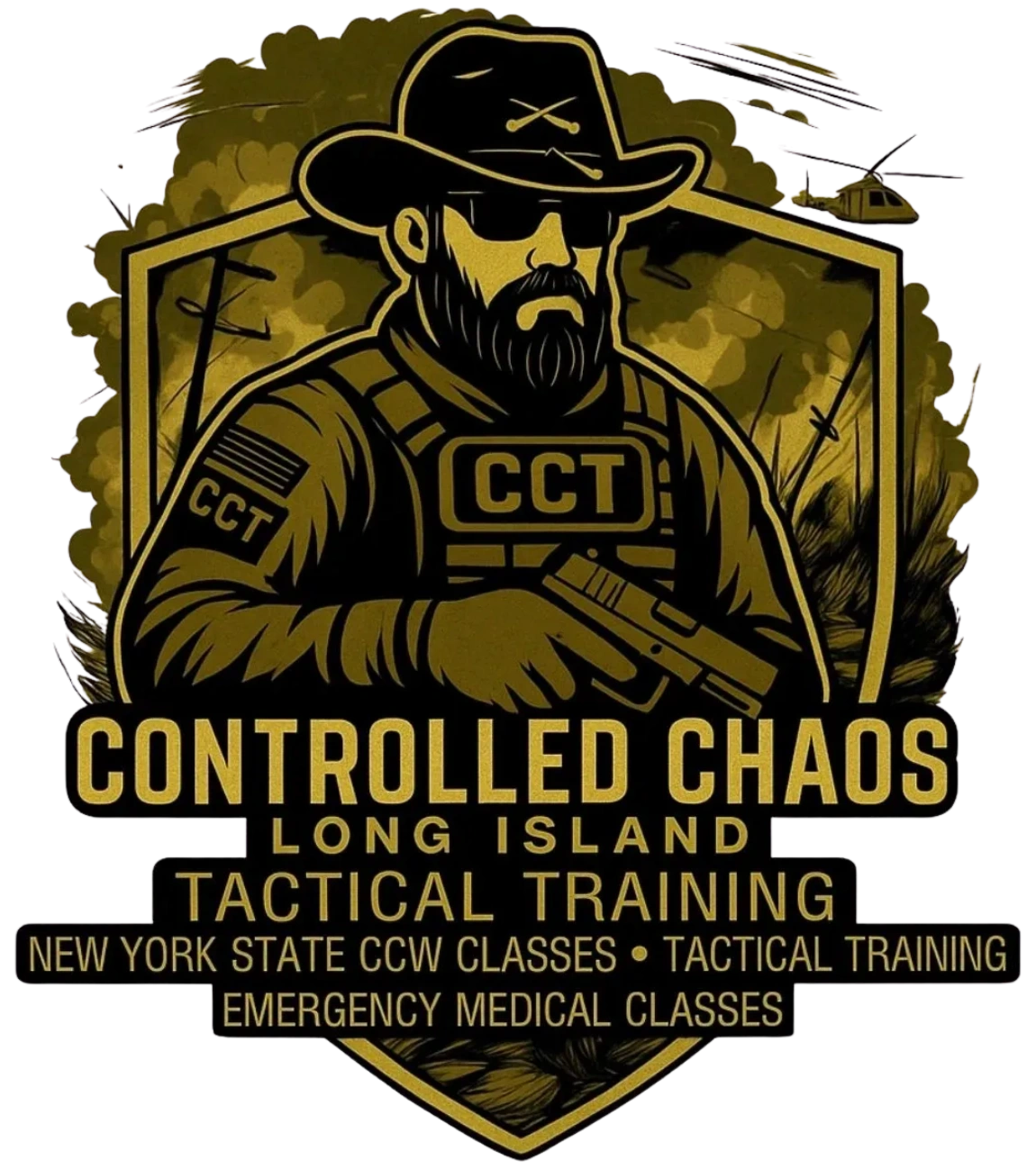 Logo of Controlled Chaos Long Island Tactical Training with a tactical figure holding a gun.