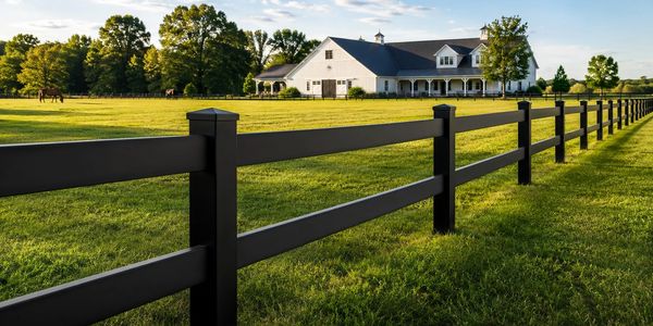 White farmhouse behind black fence in green field.