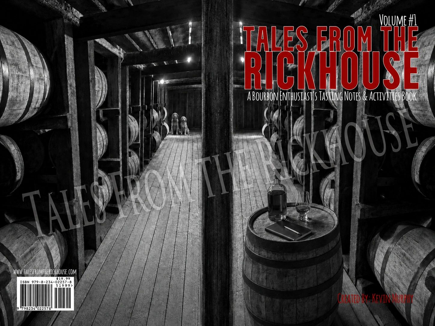 Book cover featuring bourbon barrels and two dogs in a rickhouse.