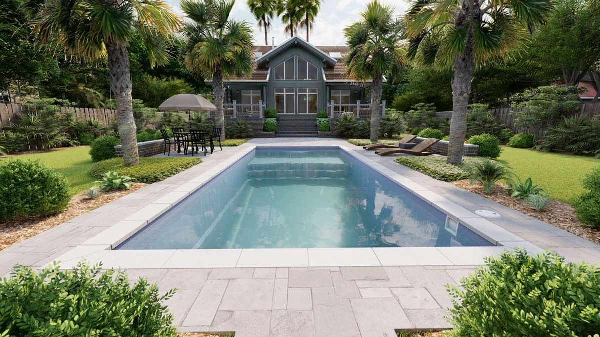 A luxurious backyard with a modern pool, palm trees, and a cozy seating area.