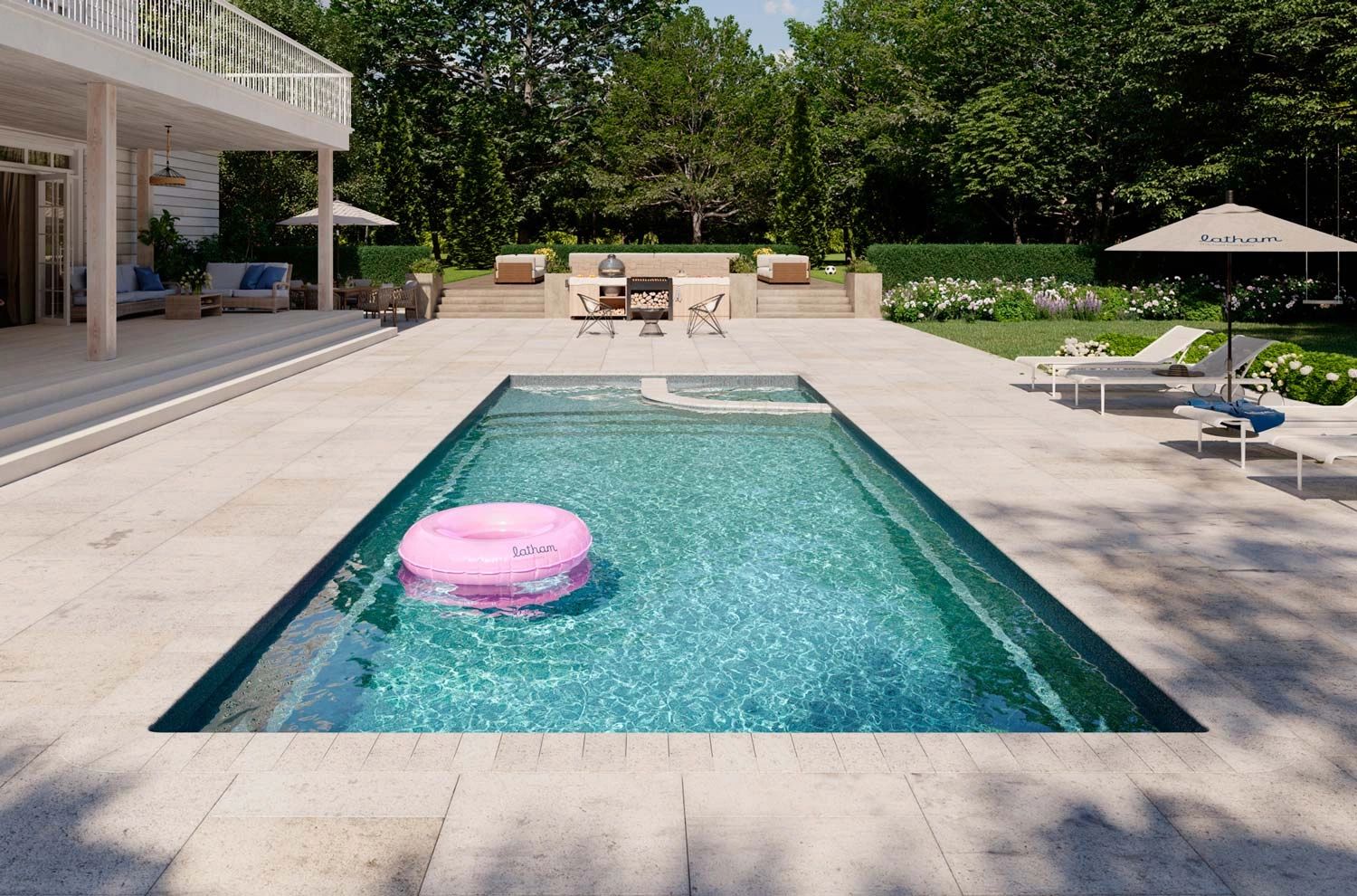 Modern backyard with a pool, lounge chairs, and a pink inflatable ring.