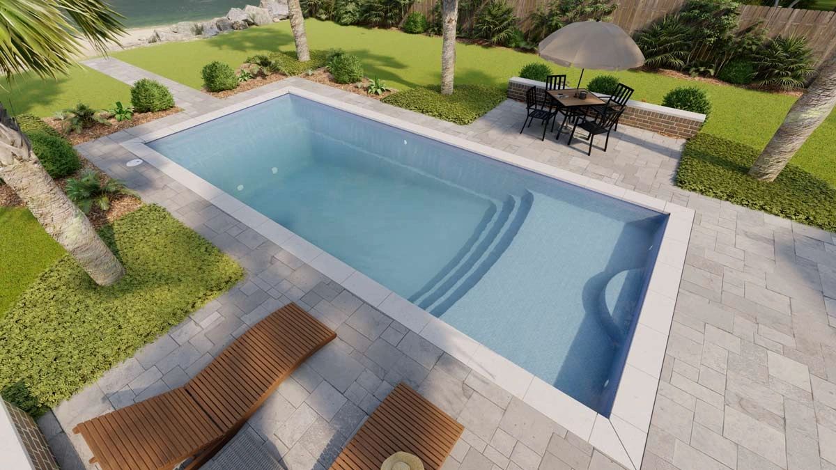 A modern backyard pool with lounge chairs and a shaded dining area.