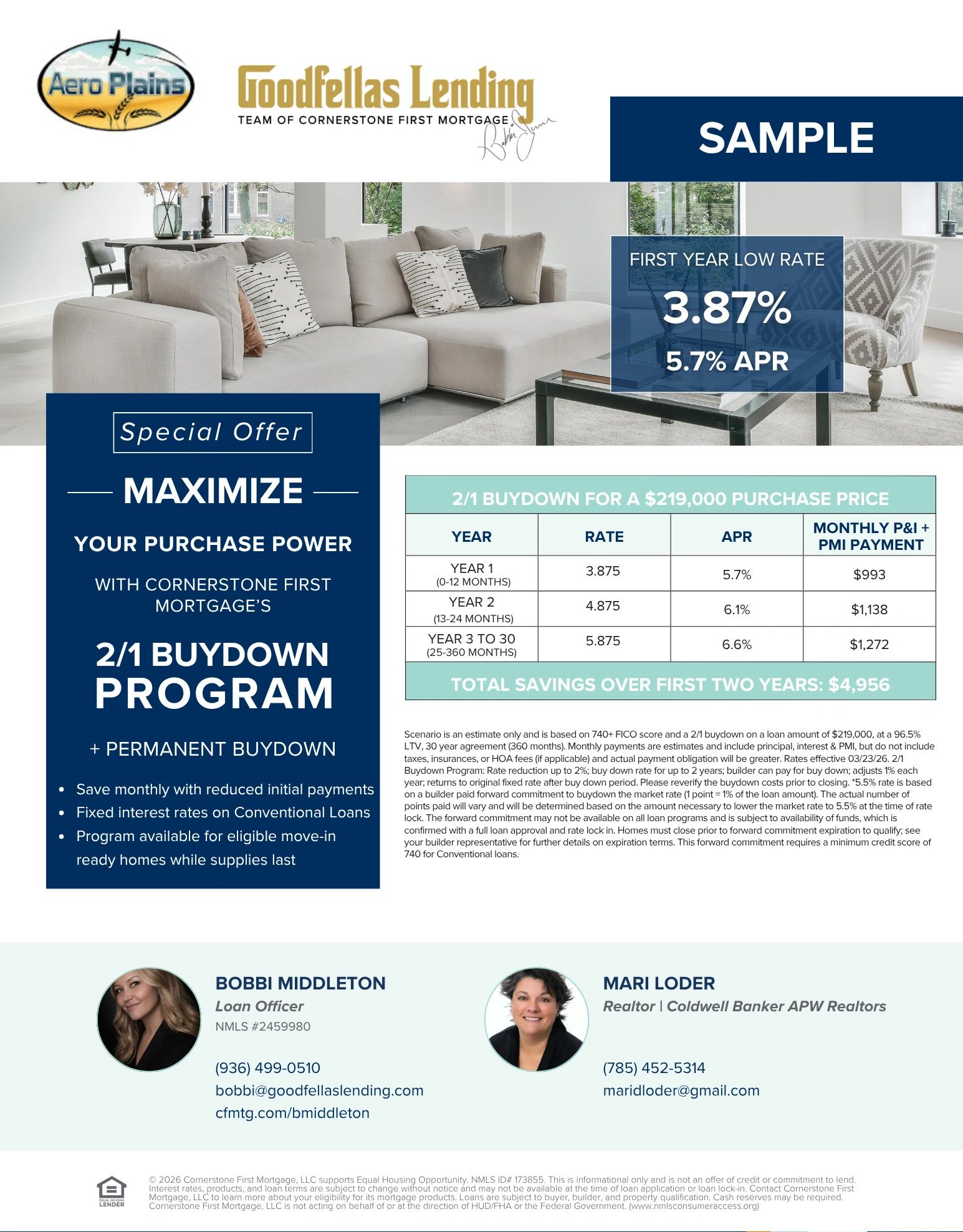 Mortgage advertisement promoting a 2/1 buydown program with low initial rates and contact info for loan officers.