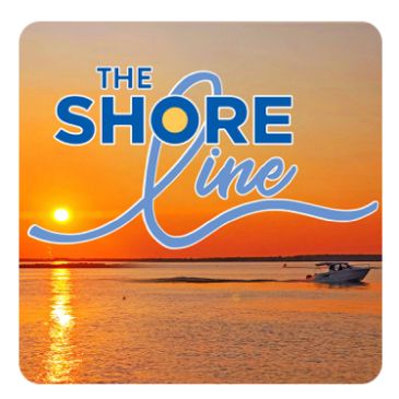 shore line podcast logo of lake with blue letters