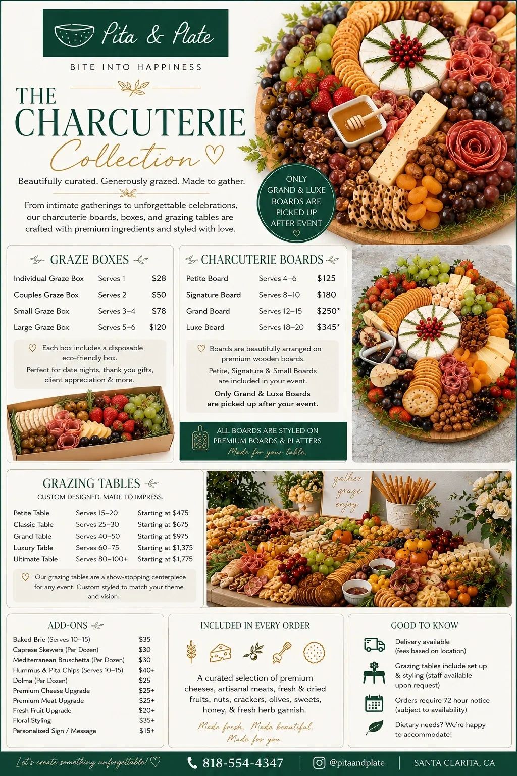 Charcuterie board menu for Pita &amp; Plate with pricing and options.