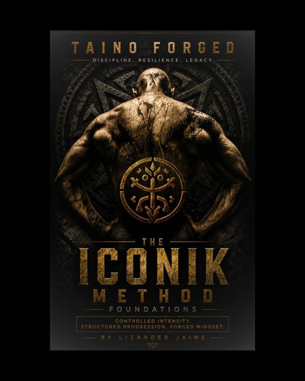 Muscular man with Taino symbol showcasing strength and discipline.