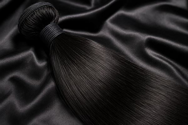 Smooth black hair bundle on black satin fabric.