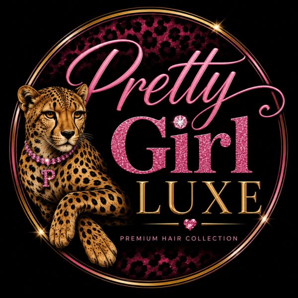 Logo of Pretty Girl Luxe with a leopard and elegant text.