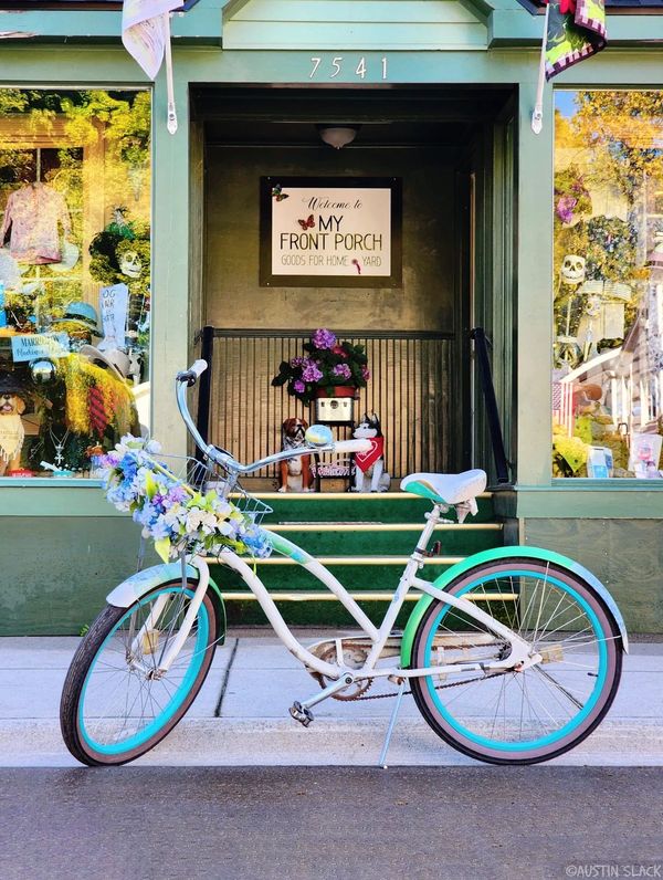 Bicycle out front of My Front Porch's front display windows