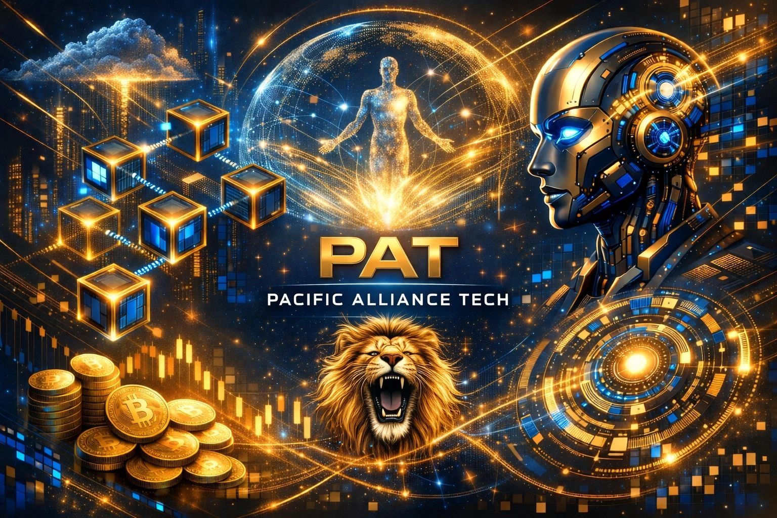 Futuristic tech and blockchain elements with a roaring lion and robotic figure.