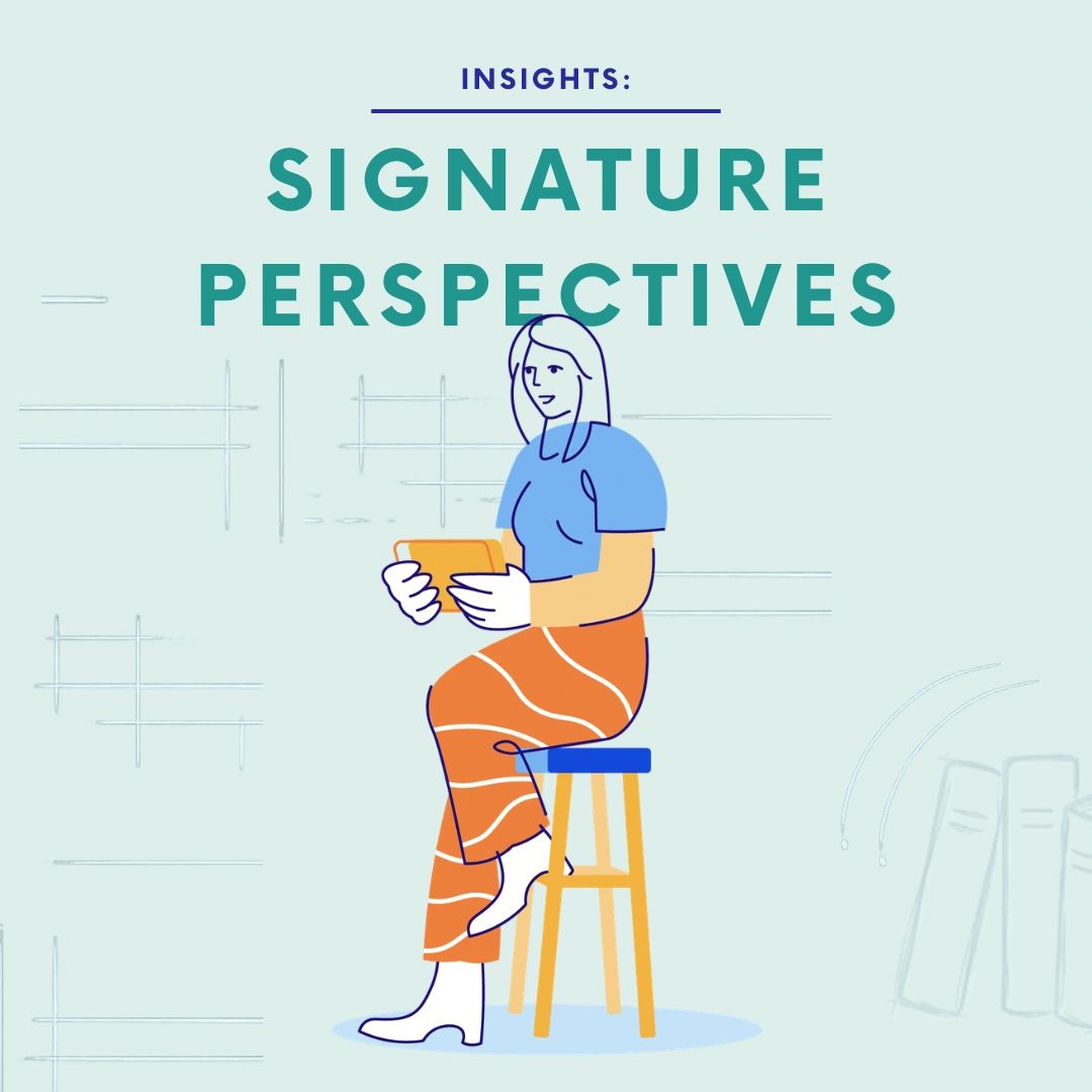 Illustration of a woman reading with the text 'Signature Perspectives'.