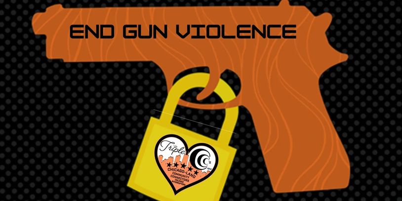 Graphic urging to end gun violence with a locked gun illustration.