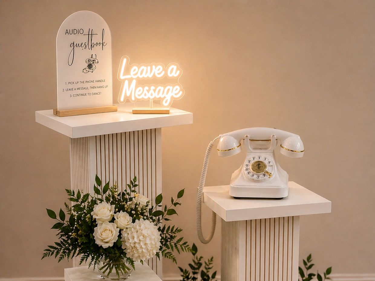 Elegant vintage telephone guestbook setup with white flowers and greenery.