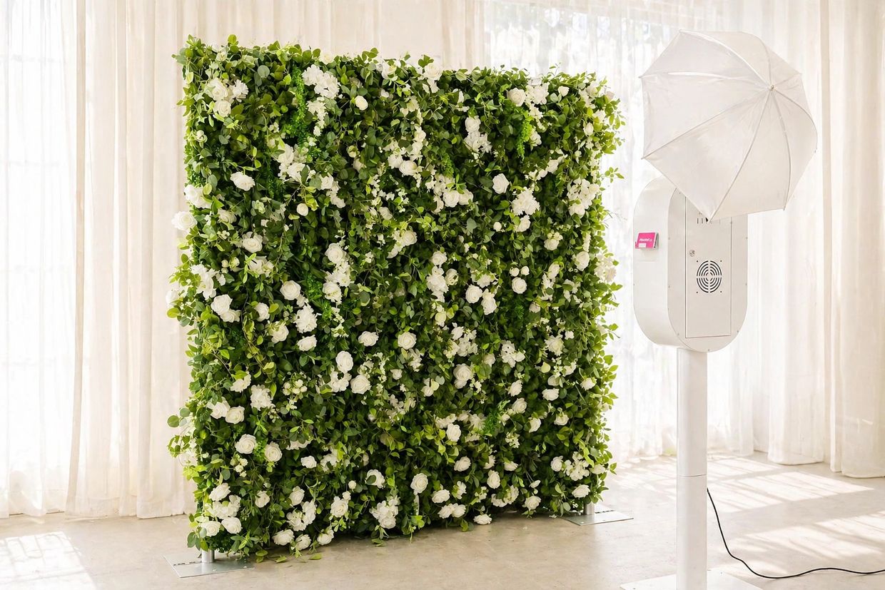 Floral backdrop with photo booth
