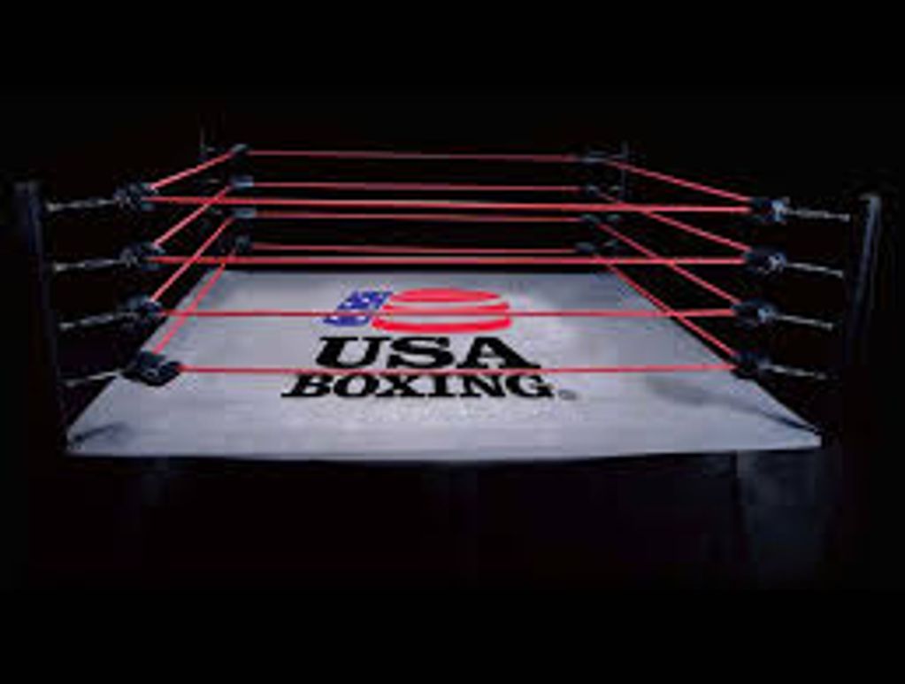 Empty boxing ring with USA Boxing logo and red ropes on a dark background.