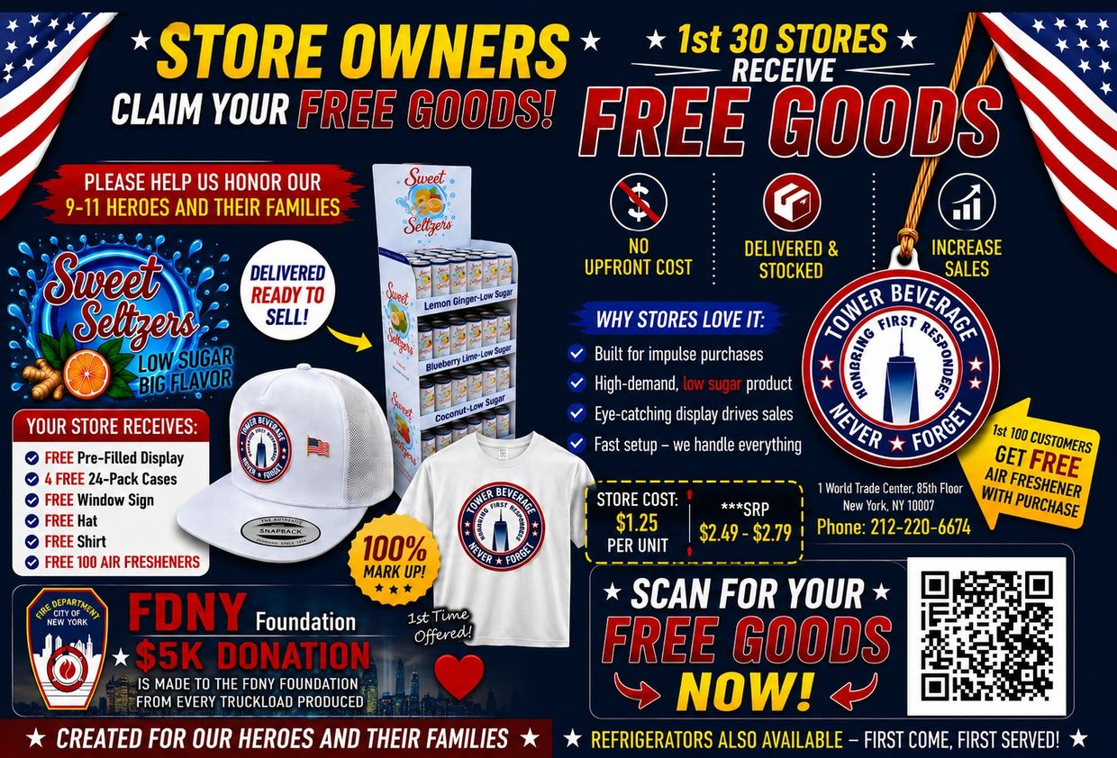 Promotional offer for store owners to claim free goods honoring 9-11 heroes.