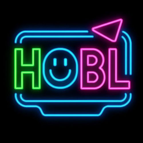 Colorful neon sign with the word 'HOBL' and a smiley face.
