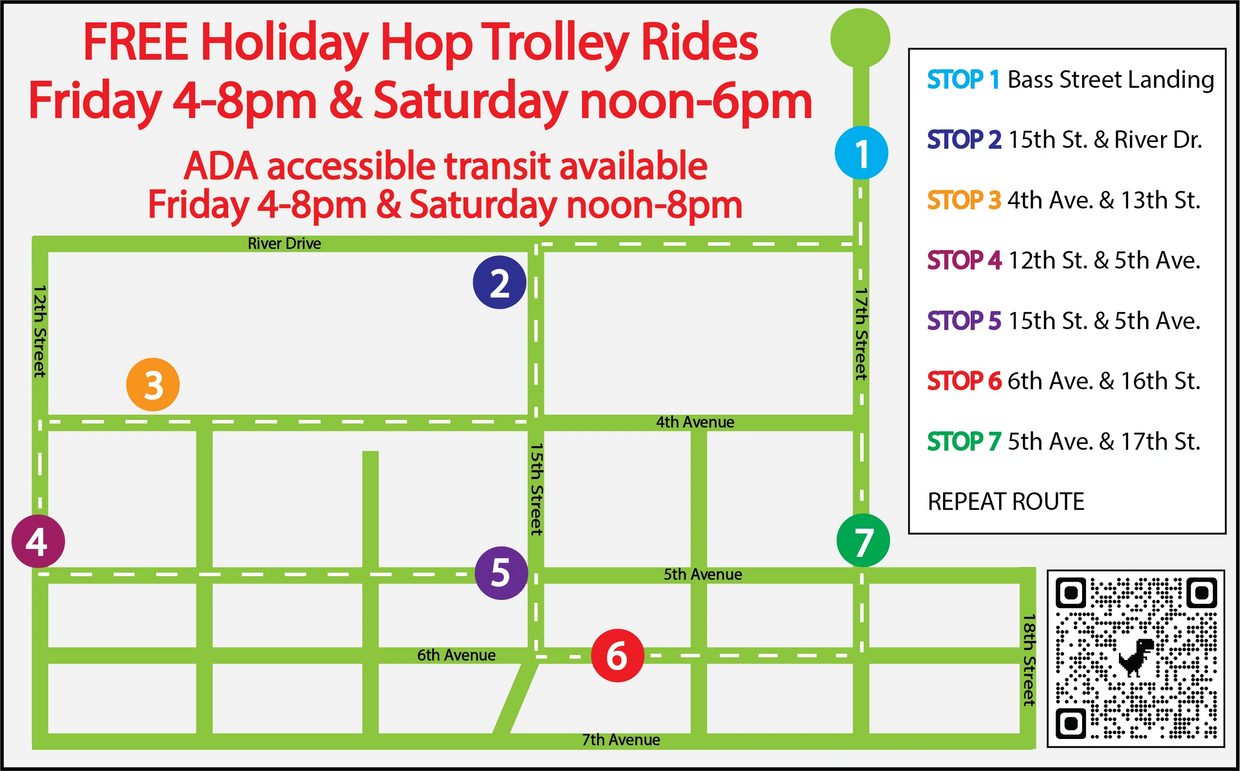 Holiday Hop trolley route map, with 7 stops