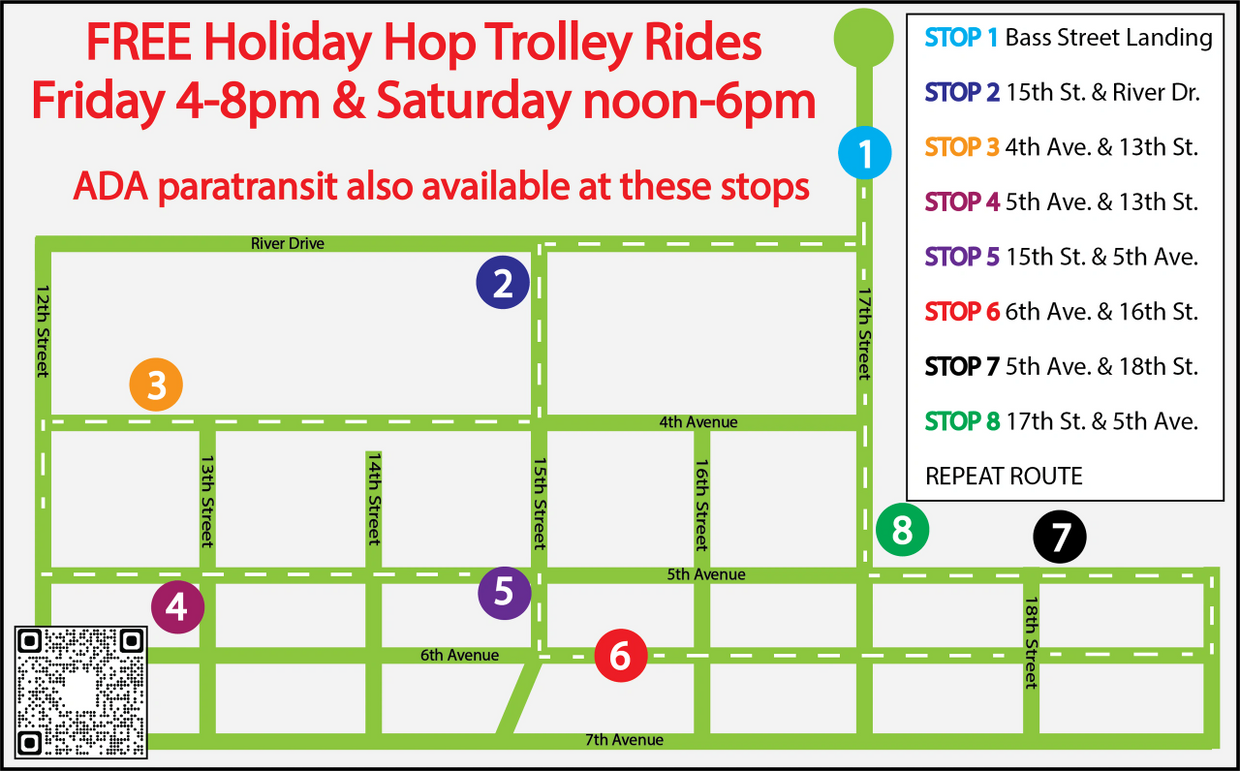 Trolley stops map for Holiday Hop with 8 in downtown Moline. ADA paratransit also available.