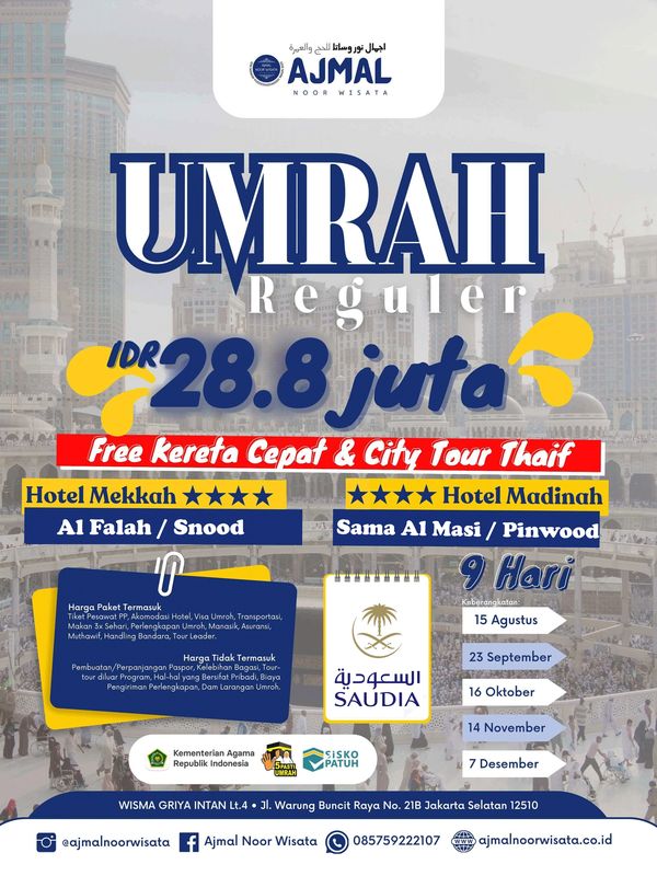 Promo Umrah Reguler 9 hari dengan harga IDR 28.8 juta.