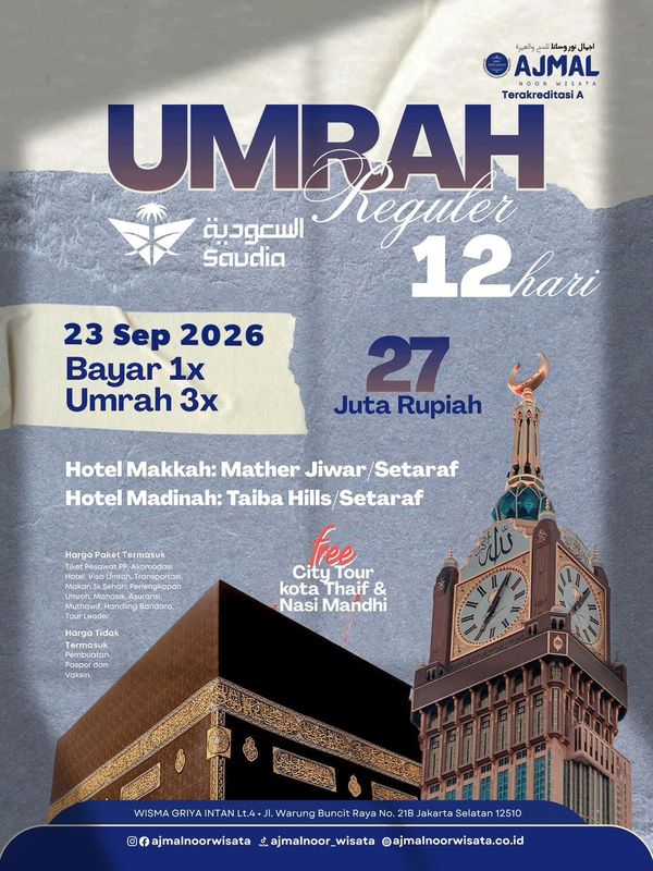 Biaya Umroh bulan September 2026 bersama Ajmal Noor Wisata – lengkap dengan informasi jadwal dan har