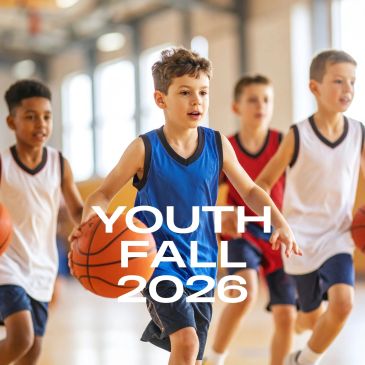 Youth basketball players in action with Fall 2026 text.