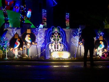 Enchanted Tiki Bird House on Christmas Card Lane. Christmas lights in San Diego. 