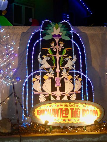 The Enchanted Tiki Room on Christmas Card Lane. Christmas lights in San Diego. 