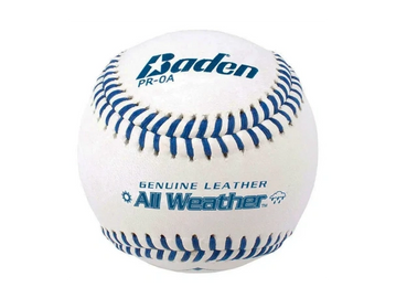 White Baden baseball with blue stitching and logo.