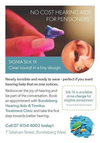 Signia Silk invisible hearing aid and Bundaberg Hearing Aids and Tinnitus Treatment Clinic logo.