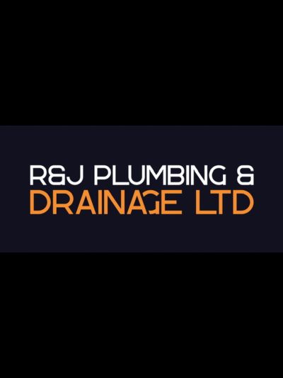 Logo of R&amp;J Plumbing &amp; Drainage Ltd in white and orange text on black background.