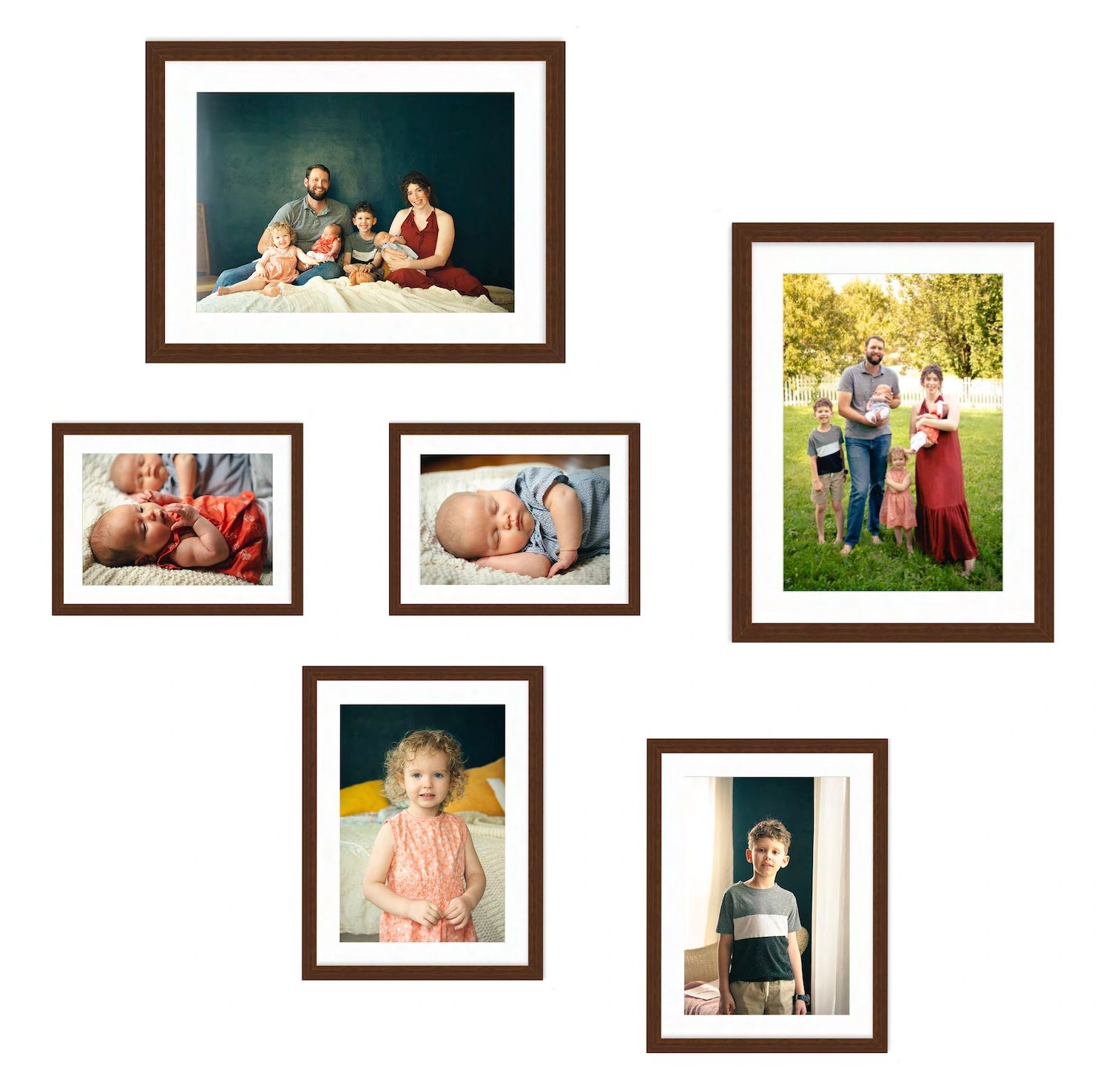 Family photo collage with parents and children in various indoor and outdoor settings.