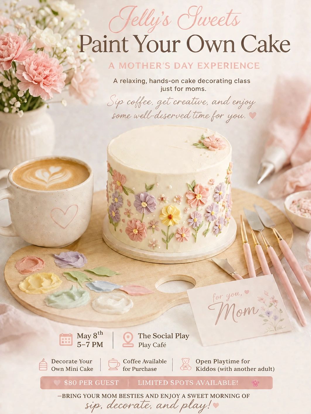 Mother's Day cake decorating class with coffee and creative fun.
