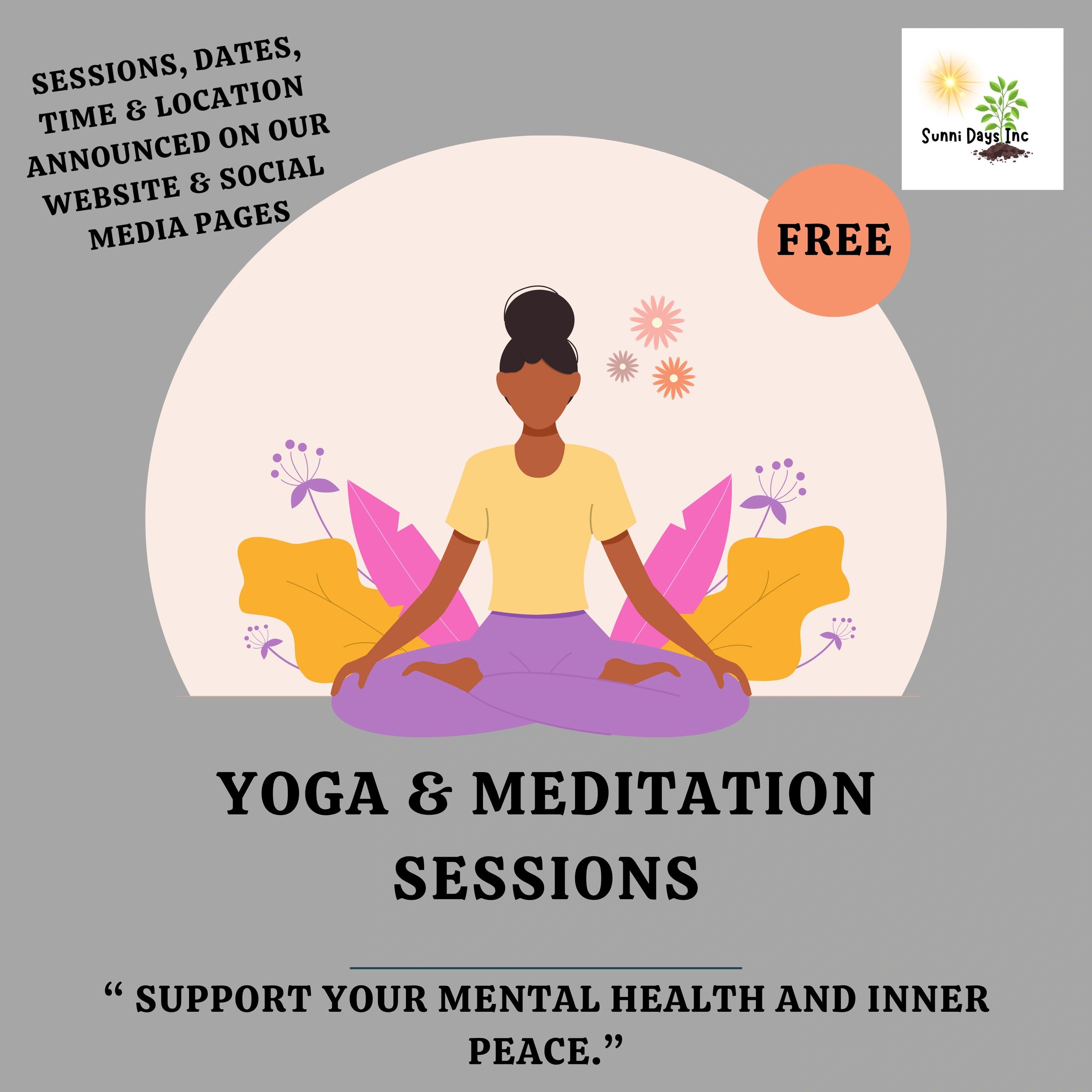 Illustration of a woman meditating with text about free yoga and meditation sessions.