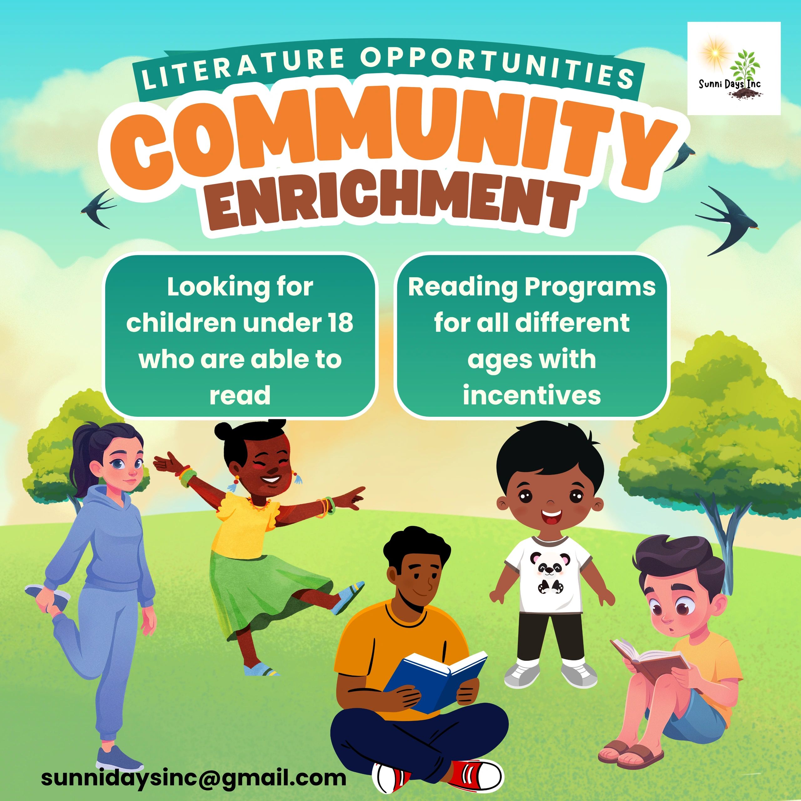 Community enrichment event promoting reading programs for children under 18.