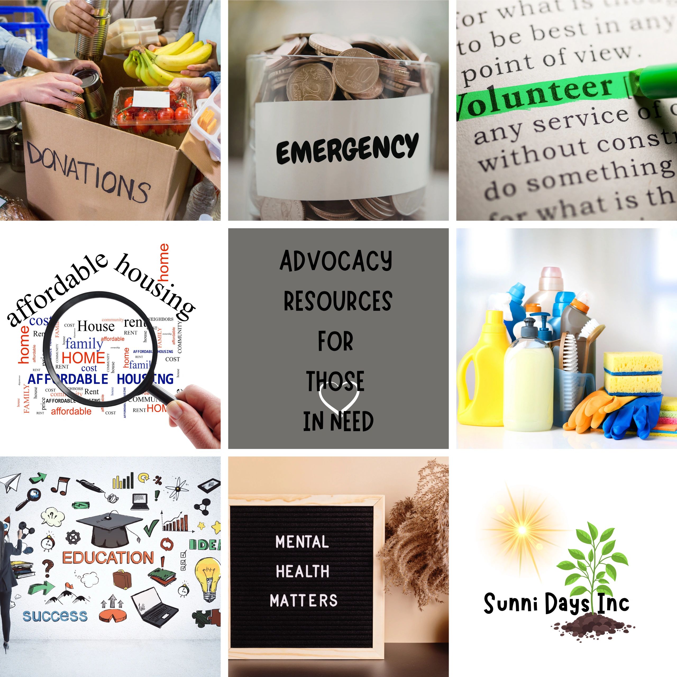 Collage depicting community support including donations, volunteering, affordable housing, mental health, and education.