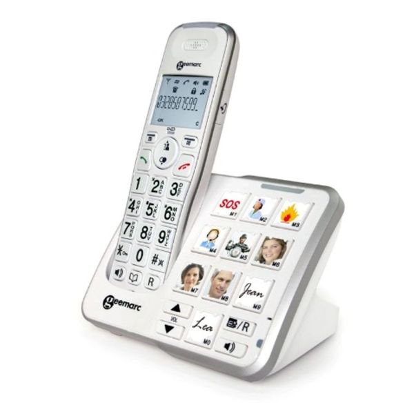 Geemarc cordless phone with large buttons and picture speed dial keys.