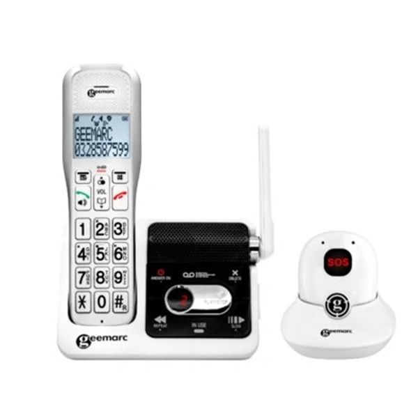 White Geemarc phone with large buttons and SOS emergency device.
