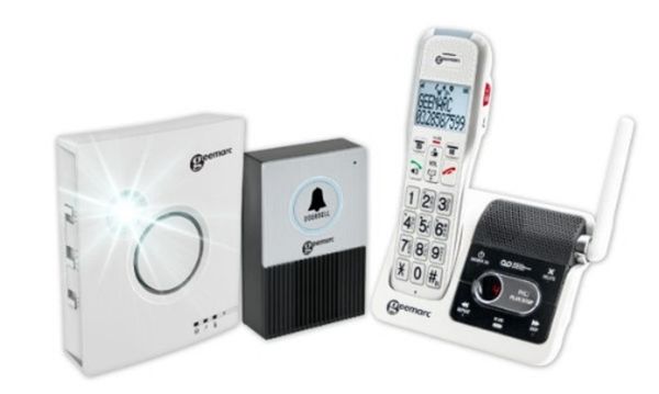 Wireless doorbell system with phone and speaker components.