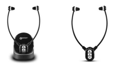 Two wireless neckband earphones with control buttons on the front.
