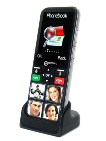 A Geemarc phone with large buttons and photo contacts on a charging dock.