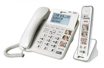 A white landline phone with large buttons and a remote control with SOS button.