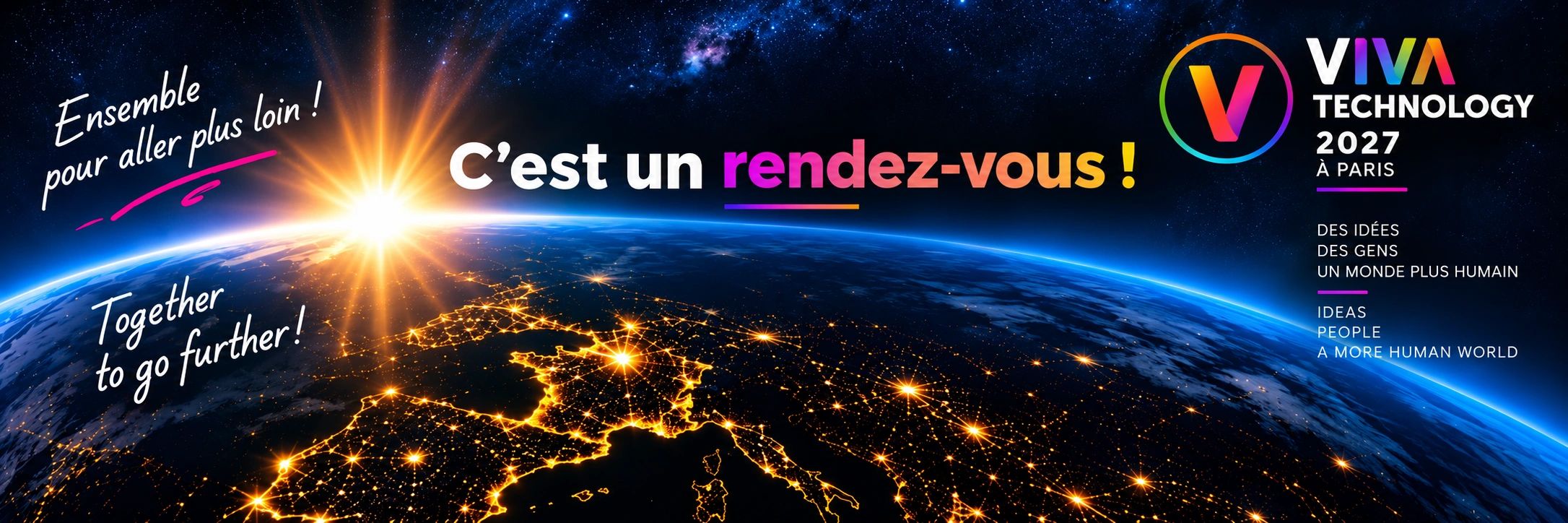 Annonce événement Viva Technology 2027 à Paris avec image de la Terre vue de l'espace.